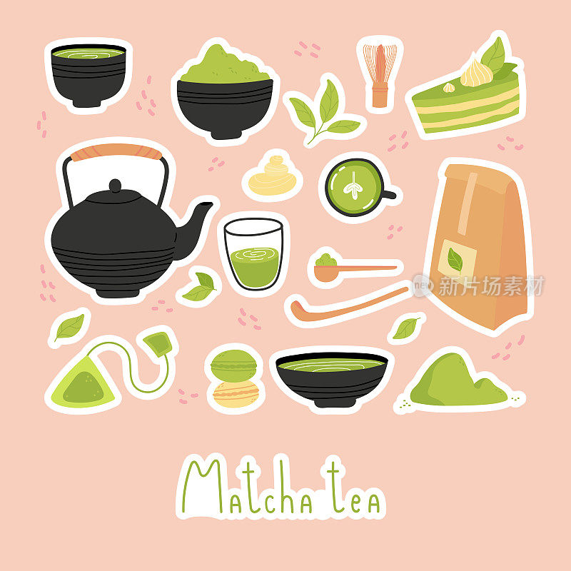 Various tea products made from matcha stickers